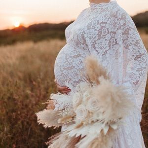 Boho long sleeve maternity lace dress with train